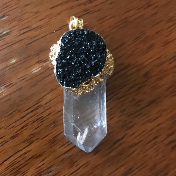 “Black Druzy & Clear Quartz” Crystal Pyramid Terminated Point Wand Gold Necklace - Picture 13 of 16